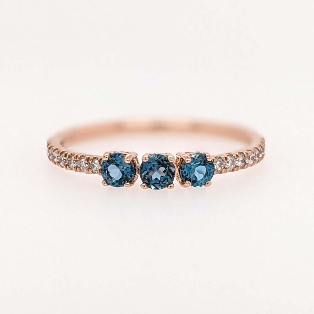 Three Stone London Blue Topaz & Diamond Accent Ring in Solid 14K Rose Gold